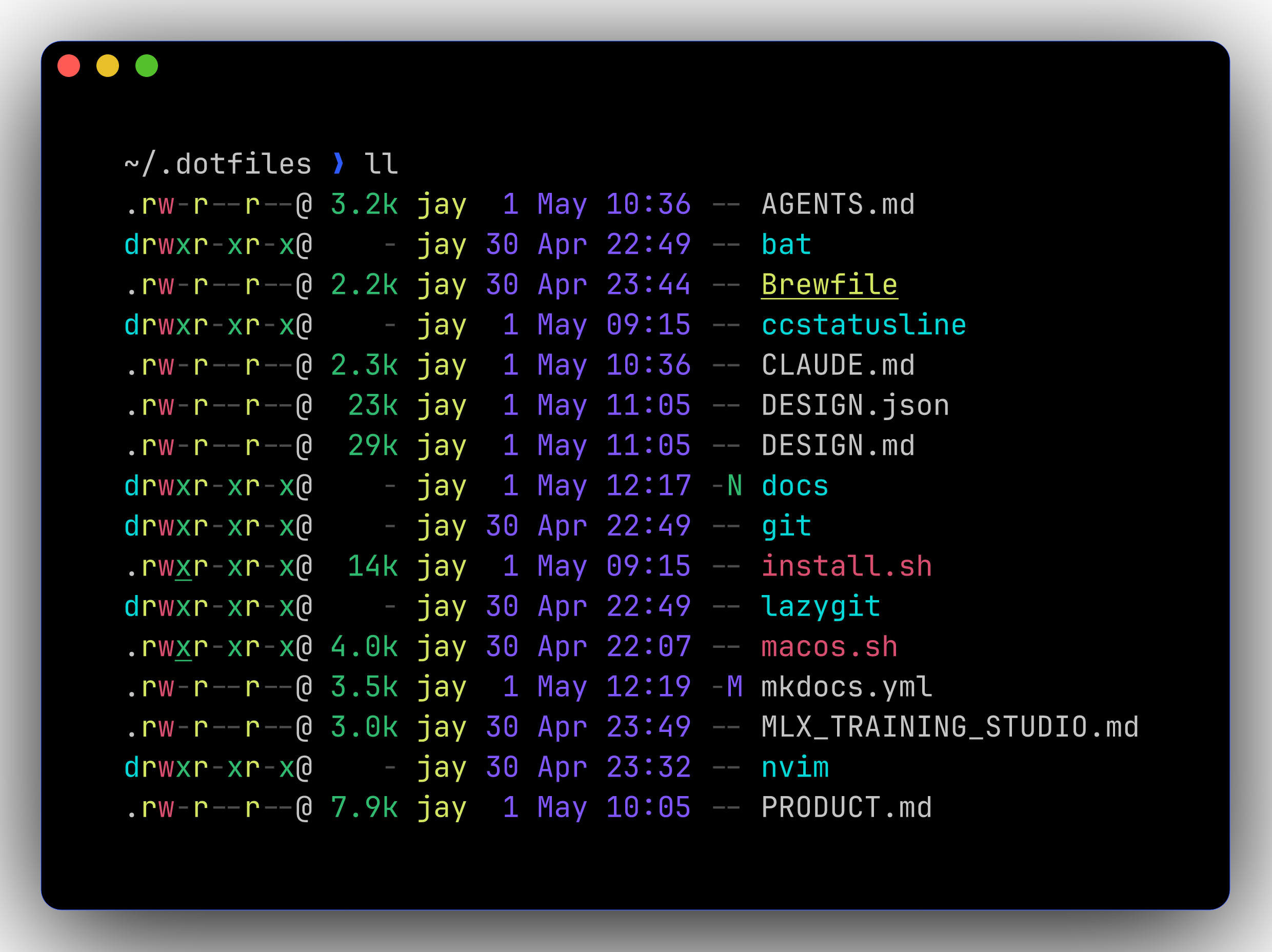 eza output with icons + git status