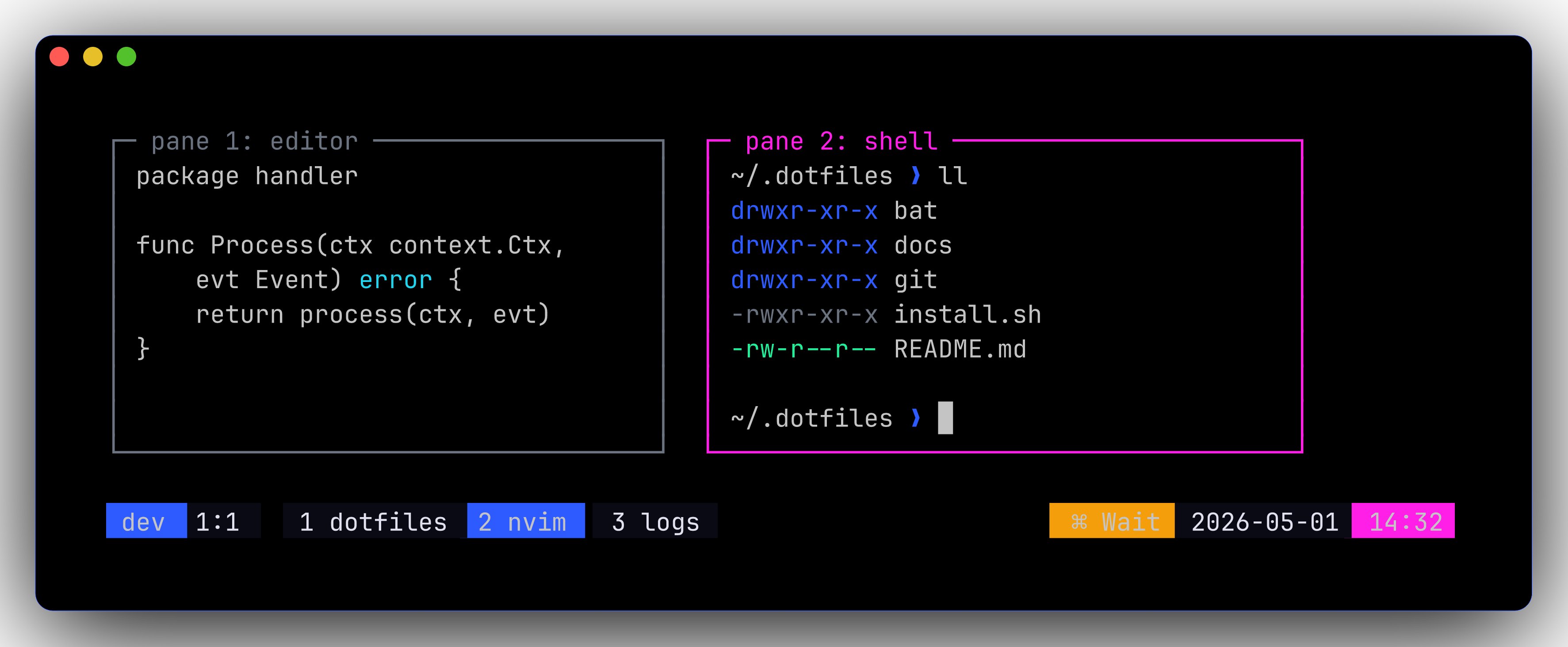 Tmux session with cobalt + magenta status bar